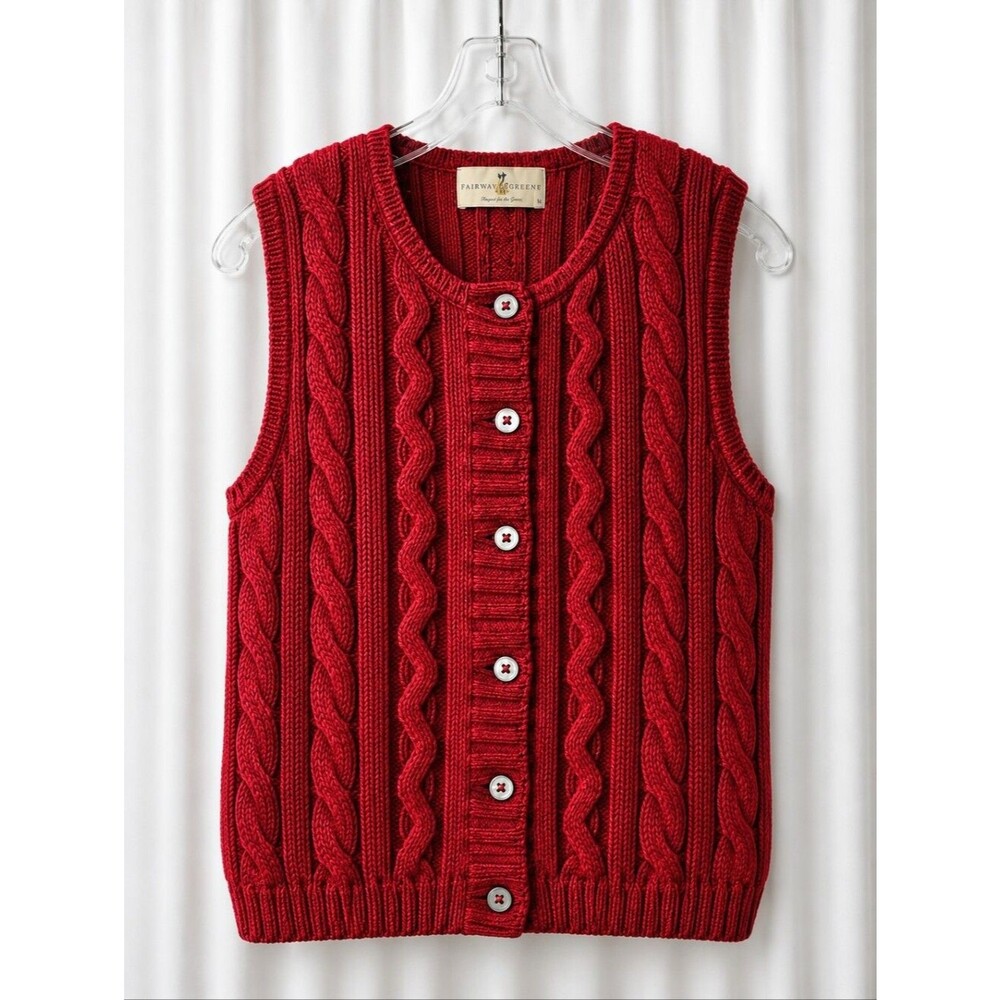 Vintage Fairway & Greene Red Pima Cotton Cable Knit Button Sweater Vest Golf
